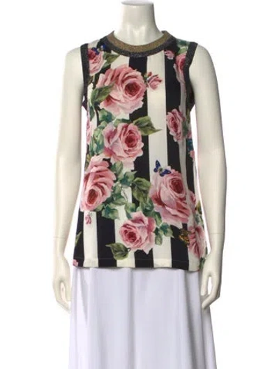 Pre-owned Dolce & Gabbana Silk Floral Print Blouse In White