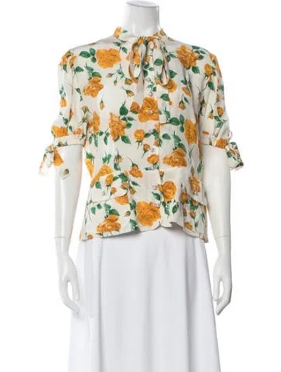 Pre-owned Dolce & Gabbana Silk Floral Print Blouse In White