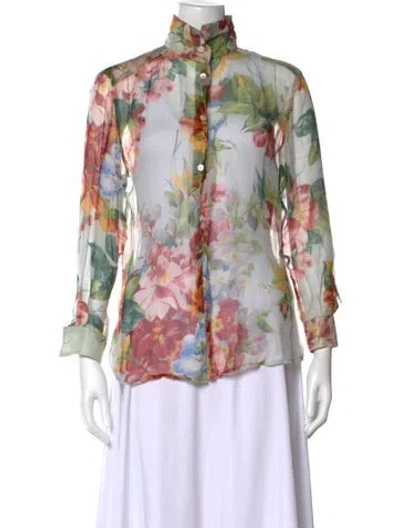 Pre-owned Dolce & Gabbana Silk Floral Print Blouse In White