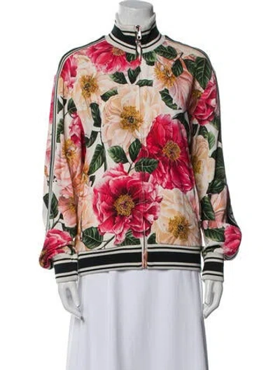 Pre-owned Dolce & Gabbana Silk Floral Print Bomber Jacket In White