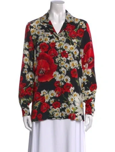 Pre-owned Dolce & Gabbana Silk Floral Print Button-up Top In Black