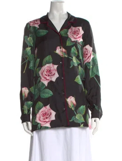 Pre-owned Dolce & Gabbana Silk Floral Print Button-up Top In Black
