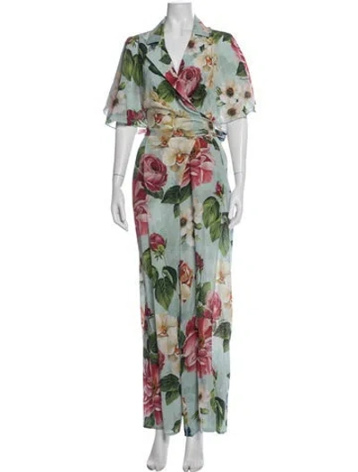 Pre-owned Dolce & Gabbana Silk Floral Print Jumpsuit In Green