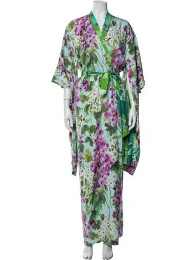 Pre-owned Dolce & Gabbana Silk Floral Print Robe In Green