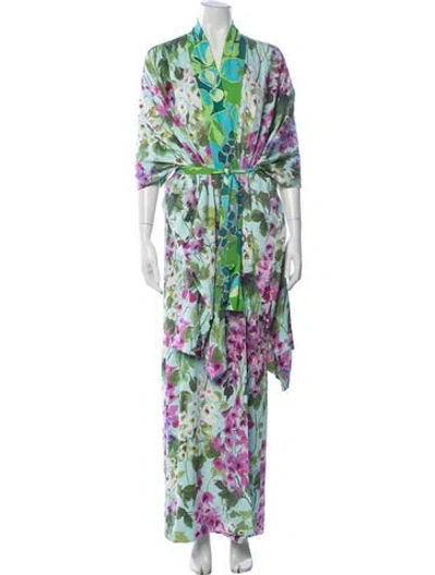 Pre-owned Dolce & Gabbana Silk Floral Print Robe W/ Tags In Green