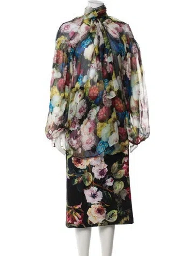 Pre-owned Dolce & Gabbana Silk Floral Print Skirt Set In Black