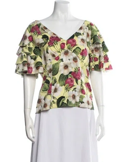 Pre-owned Dolce & Gabbana Silk Floral Print Top In Yellow