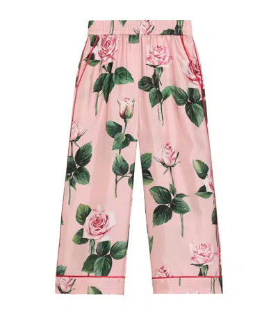 Dolce & Gabbana Kids' Silk Floral Wide-leg Trousers In Pink