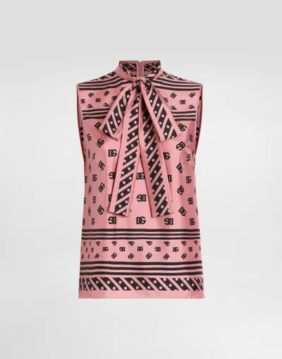 DOLCE & GABBANA SILK FOULARD PRINT DG ALLOVER LOGO BOW TOP