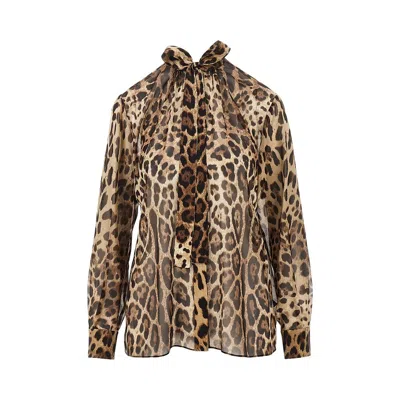 Dolce & Gabbana Silk Georgette Shirt With Leo Print In Multi