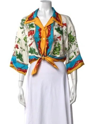 Pre-owned Dolce & Gabbana Silk Graphic Print Blouse In White