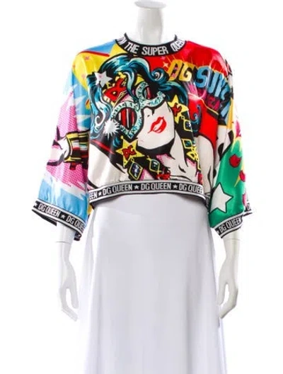 Pre-owned Dolce & Gabbana Silk Graphic Print Crop Top In Blue