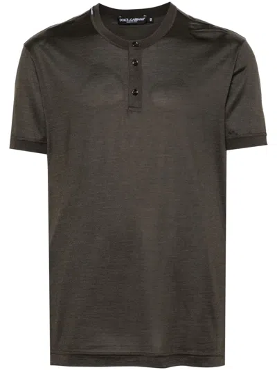 Dolce & Gabbana Silk Henley T-shirt In Brown