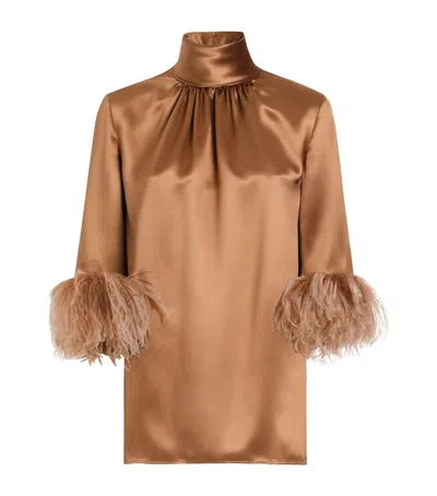 DOLCE & GABBANA SILK HIGH-NECK FEATHER-TRIM BLOUSE