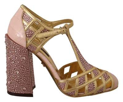 Dolce & Gabbana Leather Crystal T Strap Pumps Round Toe In Gold
