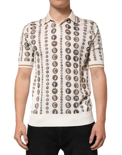 Dolce & Gabbana Silk Ivory Coin Print Logo Men Polo T-shirt In Neutral