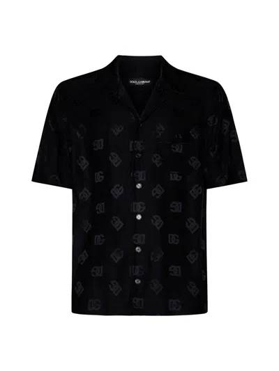 Dolce & Gabbana Silk Jacquard Bowling Shirt In Black