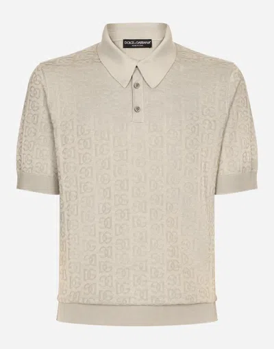 Dolce & Gabbana Silk Jacquard Polo-shirt With Dg Logo In Beige