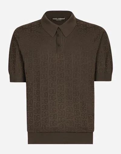 Dolce & Gabbana Silk Jacquard Polo-shirt With Dg Logo In Brown