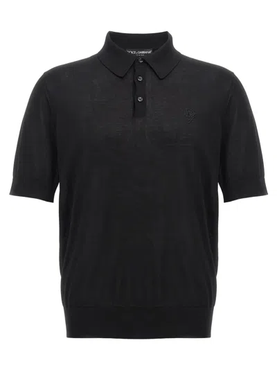Dolce & Gabbana Silk Knit Polo Shirt With Logo Embroidery In Black