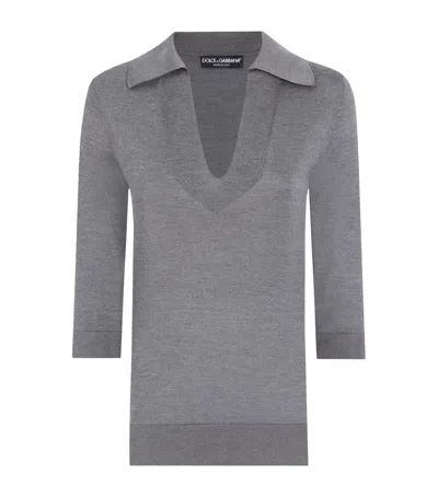 Dolce & Gabbana Silk Knitted Polo Top In Gray