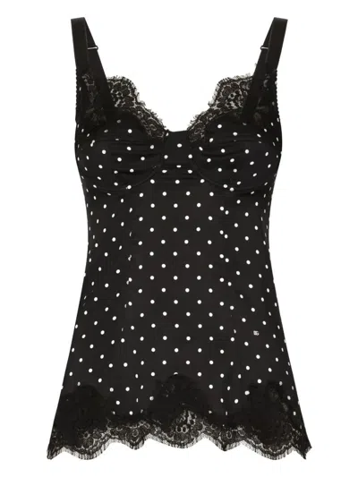 DOLCE & GABBANA SILK LINGERIE TOP WITH POLKA-DOT PRINT AND LACE DETAILING