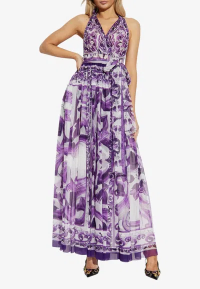 Dolce & Gabbana Silk Majolica Print Halterneck Maxi Dress In Purple