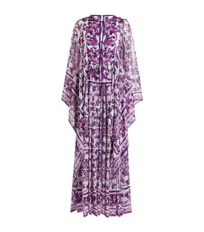 Dolce & Gabbana Silk Majolica Print Kaftan Dress In Purple