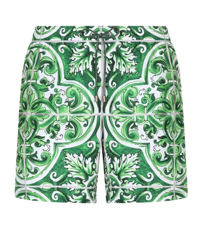 Dolce & Gabbana Silk Majolica Swim Shorts In Green