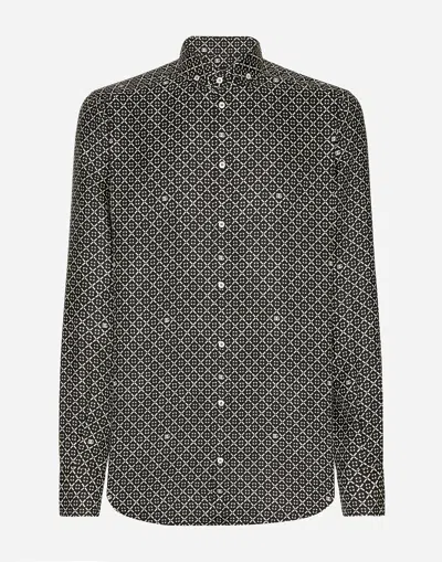 Dolce & Gabbana Silk Martini-fit Shirt With Tie Print In Black