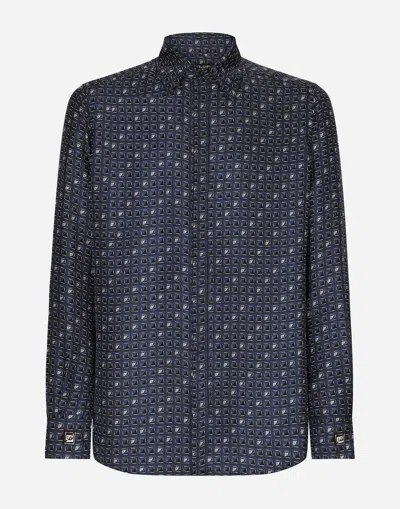 Dolce & Gabbana Tie Print Silk Martini-fit Shirt In Blue