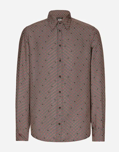 Dolce & Gabbana Silk Martini-fit Shirt With Tie Print In Gray