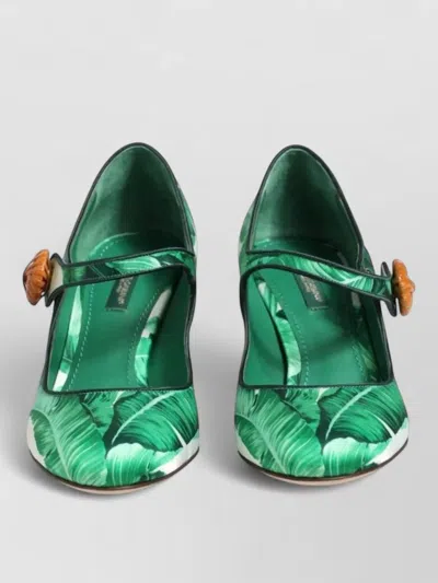 Dolce & Gabbana Silk Mary Jane With Leaf Print Heel In Green