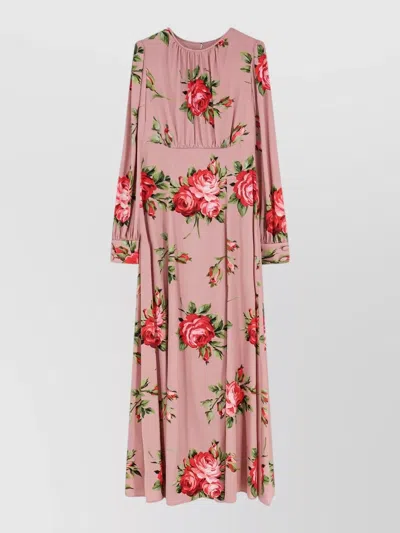 Dolce & Gabbana Long Silk Dress With Bouquet Rose Print In Purple