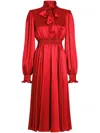 Dolce & Gabbana Silk Satin Shirt Dress With Pussy-bow In Red