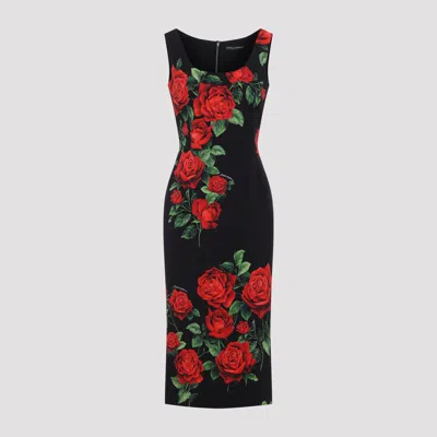 Dolce & Gabbana Silk Midi Dress With Stretch Detail In Black