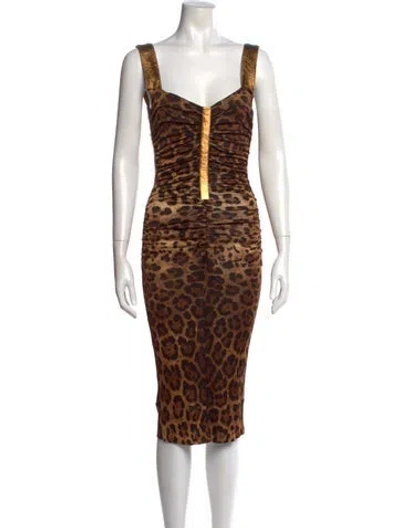 Pre-owned Dolce & Gabbana Silk Midi Length Dress In Brown
