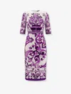 Dolce & Gabbana Violet Crewneck Dress With Rear Zip Closure And All-over Floral Print In Silk Stretch Woman