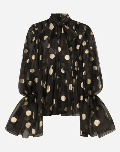 DOLCE & GABBANA SILK ORGANZA JACQUARD BLOUSE WITH POLKA-DOT DESIGN AND PUSSY-BOW