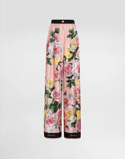 DOLCE & GABBANA SILK PAJAMA PANTS WITH ROSE AND PEONY PRINT