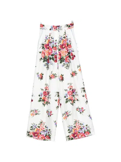 Dolce & Gabbana Flower Print Silk Trousers In White