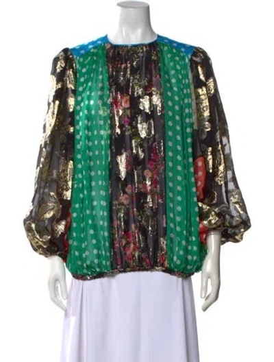 Pre-owned Dolce & Gabbana Silk Patterned Blouse W/ Tags In Green