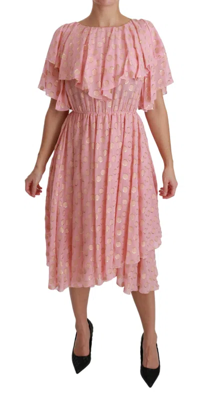 Dolce & Gabbana Silk Pink Polka Dots Pleated A-line Midi Women's Dress