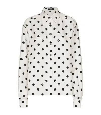 Dolce & Gabbana Polka Dots Logo Printed Silk Twill Shirt In White