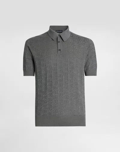Dolce & Gabbana Silk Polo-shirt With All-over Dg Logo Embroidery In Grey