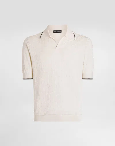 Dolce & Gabbana Silk Polo Shirt With Allover Logo In Neutral