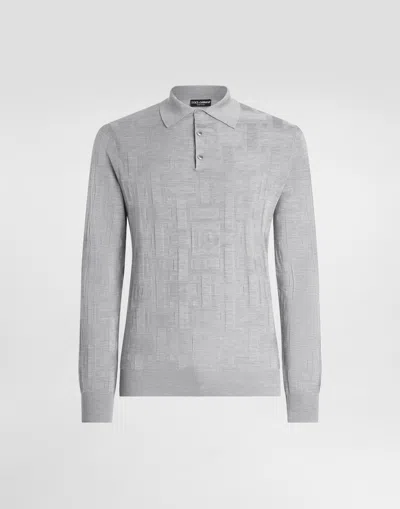 Dolce & Gabbana Silk Polo-shirt With Jacquard Logo In Grey