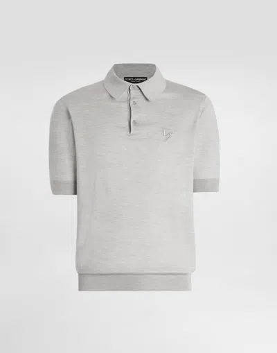 Dolce & Gabbana Silk Polo-shirt With Logo Embroidery In Grey