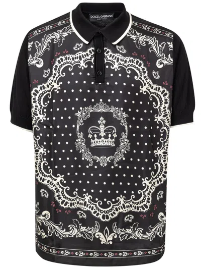 Dolce & Gabbana Silk Polo With Bandana Print  In Nero