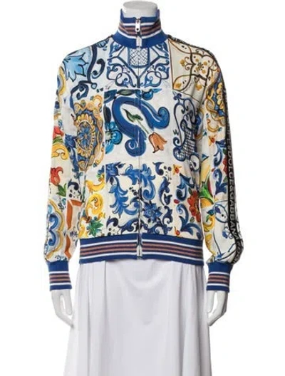 Pre-owned Dolce & Gabbana Silk Printed Bomber Jacket In Blue